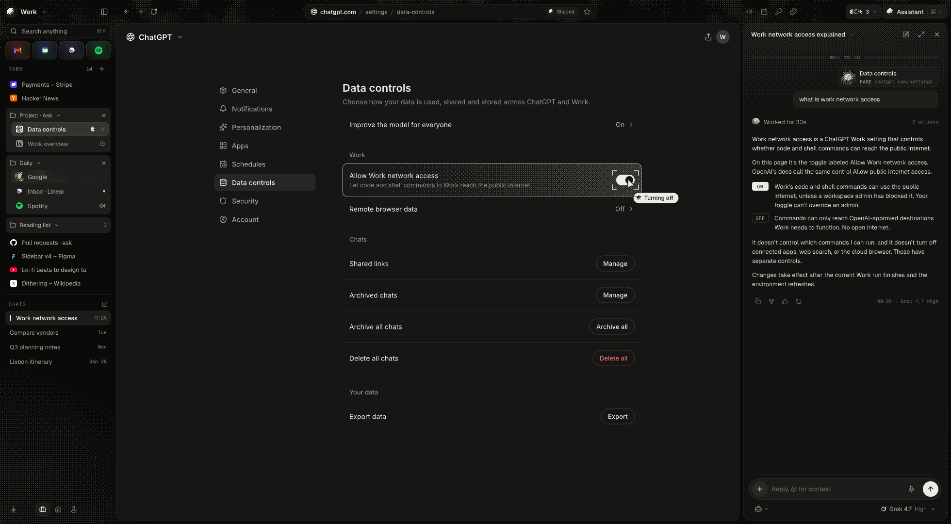 Ask browser with vertical tabs and an agent working beside the current page